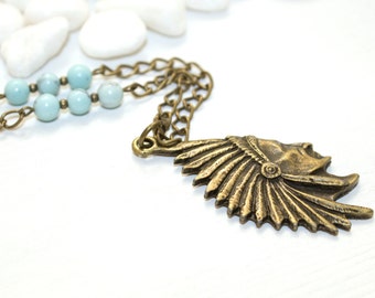 Indian Head Necklace, Indian Chief Necklace, Turquoise Jewelry, Indian Head Jewelry, Southwestern Jewelry, Indian Head Pendant