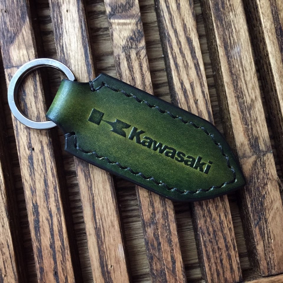 Kawasaki motorcycle leather keychain. Dark Green