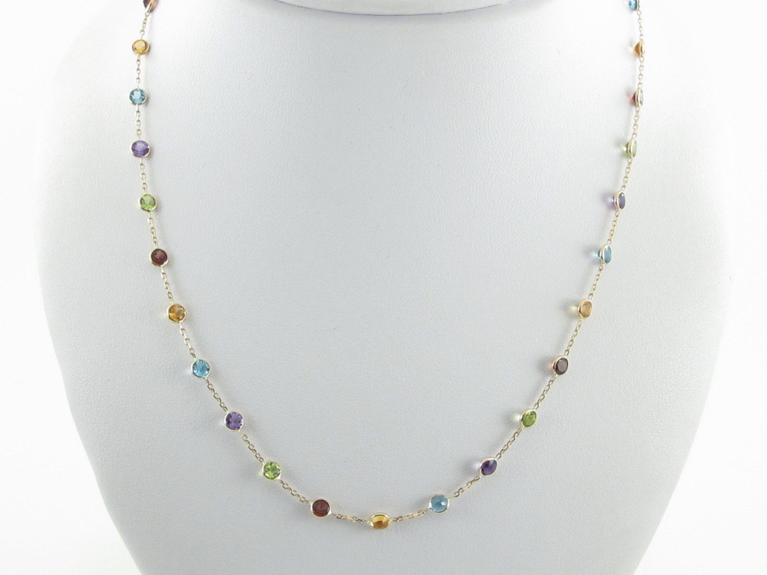14K Yellow Gold Multi Color Gemstones Station Necklace By The