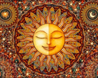 Healing Sunshine Tapestry Wall Hanging Sun Moon Celestial 26"X40" by Artist Dan Morris, washable