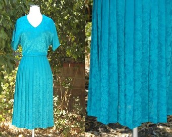 1980s Turquoise Green Diane Von Furstenberg Dress // 80s DVF Shirt Dress with Pleated Skirt