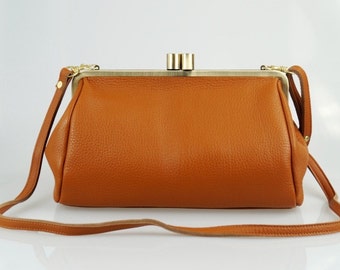 Leather Bag "Dakota" in brown, Vintage, handmade, leather clutch, leather handbag, leather purse, kiss lock, satchel, crossbody,