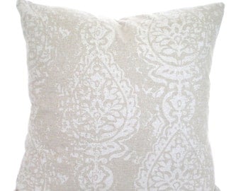 Tan Off White Decorative Throw Pillow Covers, Cushions Tan Off White Damask, Manchester Linen Look Tone on Tone Pillows Couch Bed, ALL SIZES