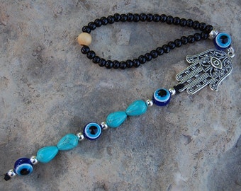 Hamsa Hand Hanging,Evil Eye Decor,Turquoise Beads,Rear View Mirror Charm,Car,Wall,Room Decor,Car Decor,Mala,Prayer,Good Luck,Yoga,Protection