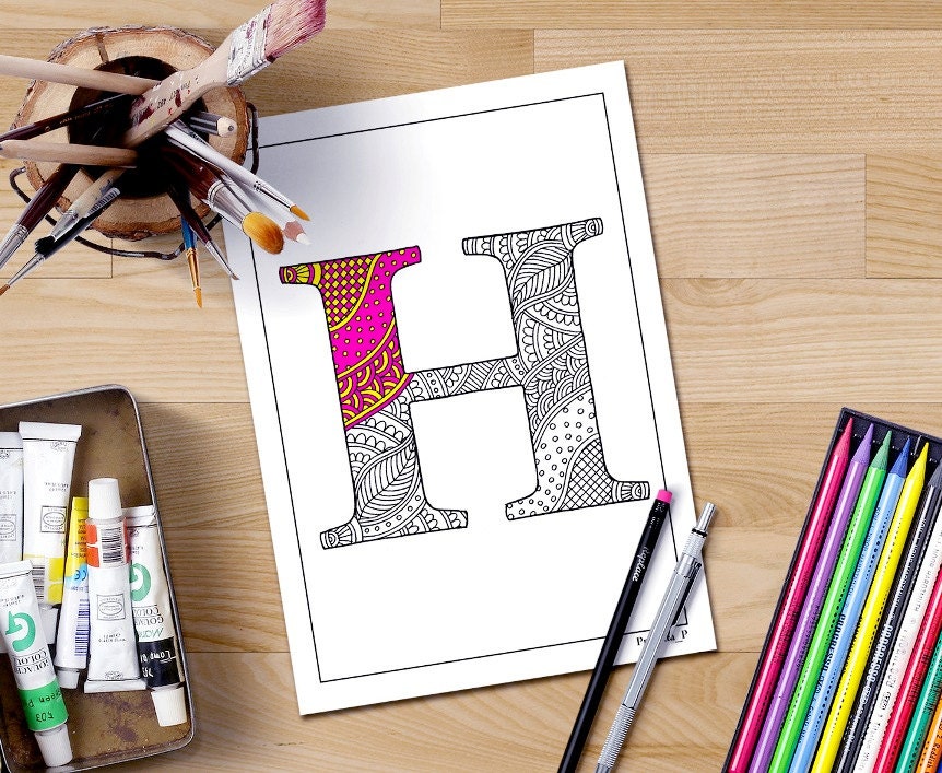 Download Zentangle alphabet coloring pages for adults letter H henna