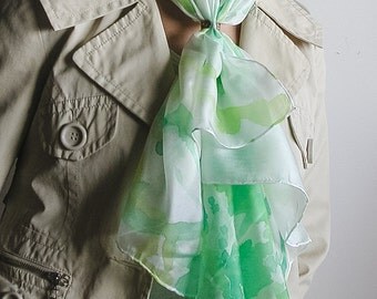 Silk square scarf hand painted in white and green, gift for her