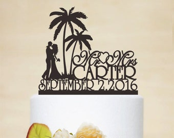 Mr & Mrs Wedding Cake Topper With Last Name,Beach Cake Topper,Acrylic Decoration,Palm Tree Topper,Custom Topper,Personalized Topper C134