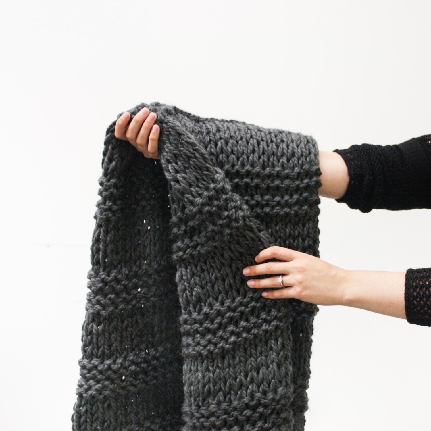 Chunky Knit Blanket Wool Large Gray/ Grey