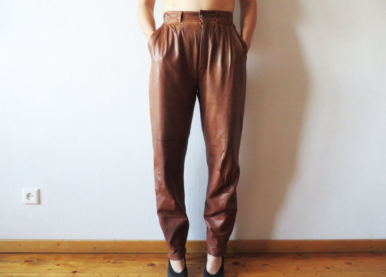 Vintage High Waisted Caramel Brown Genuine Leather Pants