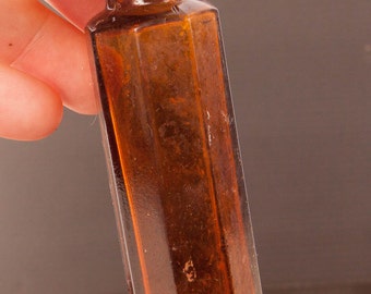 Brown eight sided bottle, glass bottle, brown, 8 sided, octagonal, height 3.5 in, vintage bottle, antique bottle,