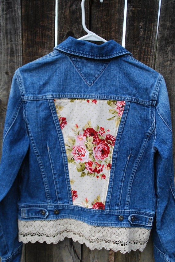 Repurposed Denim Jacket With Lace & Vintage Floral Fabric