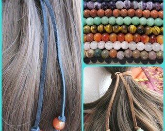 Leather Hair Tie, Hair Accessory, Hair Extension, Hanging Hair Accessories, Boho Hair jewelry, Stone Beads, Sliding Knot, Gift for Her