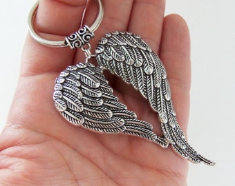 Heart shaped angel wings keychain, angel wing key chain, angel keyring, feather wings key ring, feather angel wing gift, large wing gift