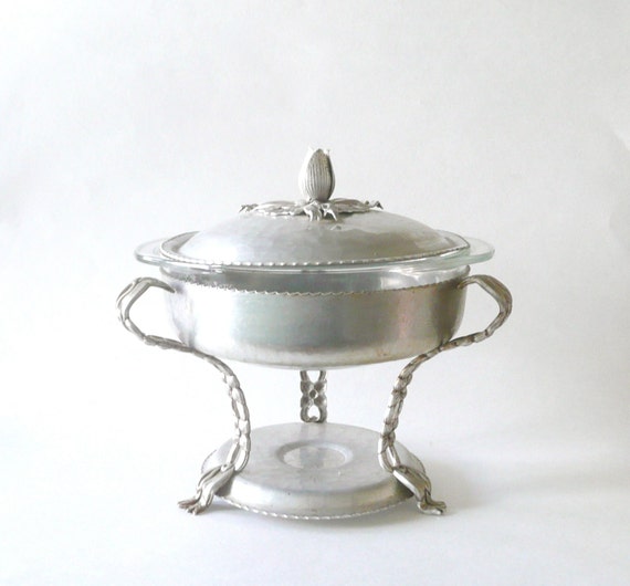 Vintage Hammered Aluminum Serving Dish with Warming Stand
