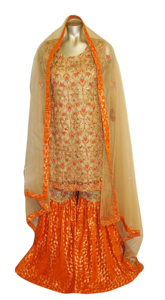 Pakistani Mehndi Dress Beige Gotta Short Shirt w/ Orange