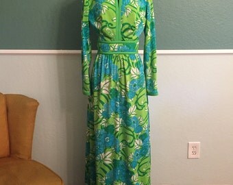1960s 1970s Floral Maxi Dress Keram New York