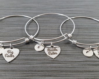 Big Sister Middle Sister Little Sister Bracelet - Sister Bangle Bracelet - Expandable Charm Bracelet Initial Bracelet - Sister Charm Bangle