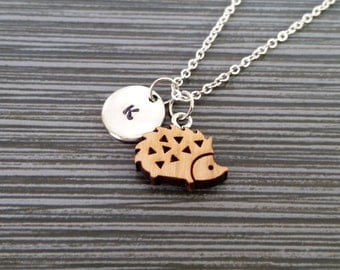 Wooden Hedgehog Necklace - Hedgehog Charm Necklace - Personalized Necklace - Custom Gift - Initial Necklace - Silver Charm Necklace