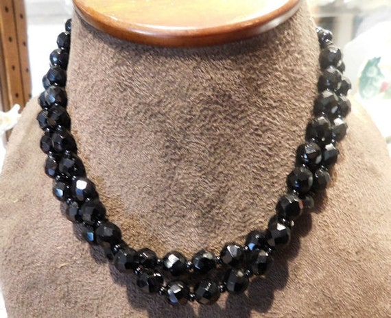 French Jet Black Glass Necklace Choker GERMANY Antique 1920s Art Deco Double Strand Faceted Beads Beaded Vintage Necklace Mourning Jewelry