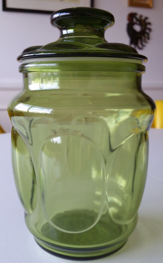 Items similar to Vintage Retro Mod Green Olive Glass Jar Bubbled