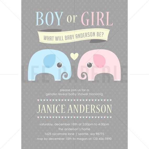 GRP004 Elephant Gender Reveal Invitation Elephant Gender