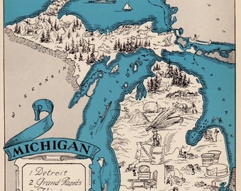 30's Whimsical MICHIGAN Map of Michigan State Map Print Travel Gallery Wall Art Library Office Decor Gift for Traveler Wanderlust Decor