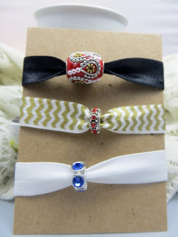 Beaded Elastic Hair Ties Set of Three Black White Gold Red