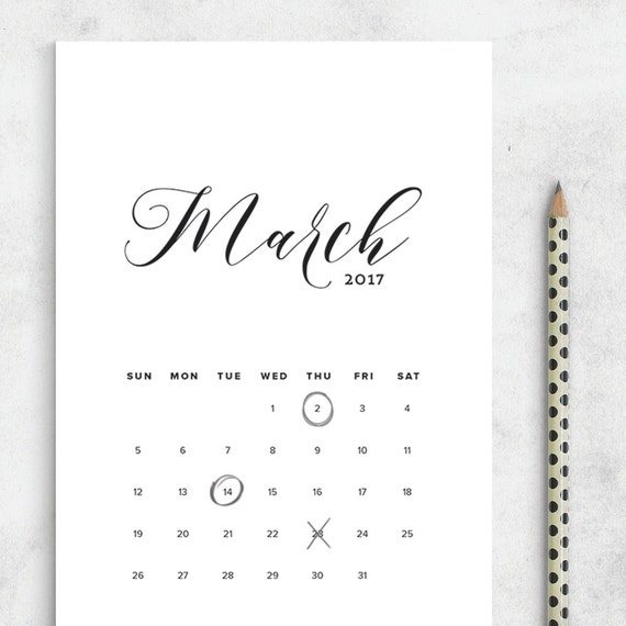 Printable Calendar 2017 Calligraphy Calendar Planner 2017