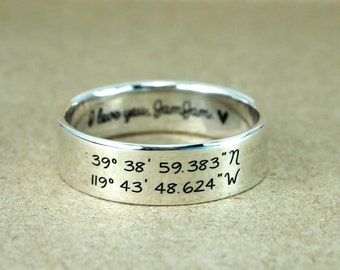 Latitude Longitude Ring, Sterling silver latitude longitude, Personalized coordinates and custom engraving, Coordinate Ring, Engraved Ring
