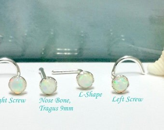 White Opal Nose stud, Nose Screw, Nose Bone, L- Shaped, 925 Sterling Silver Nose Stud, Right and Left Nostril, 16 - 22 Gauge