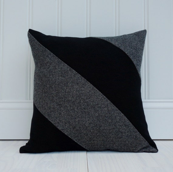Organic Throw Pillow Black and White Tweed Wool Pillow