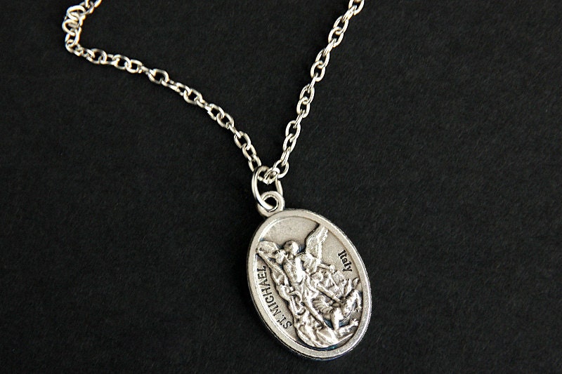 Saint Michael Necklace. Catholic Necklace. Archangel Michael name necklace length diagram 