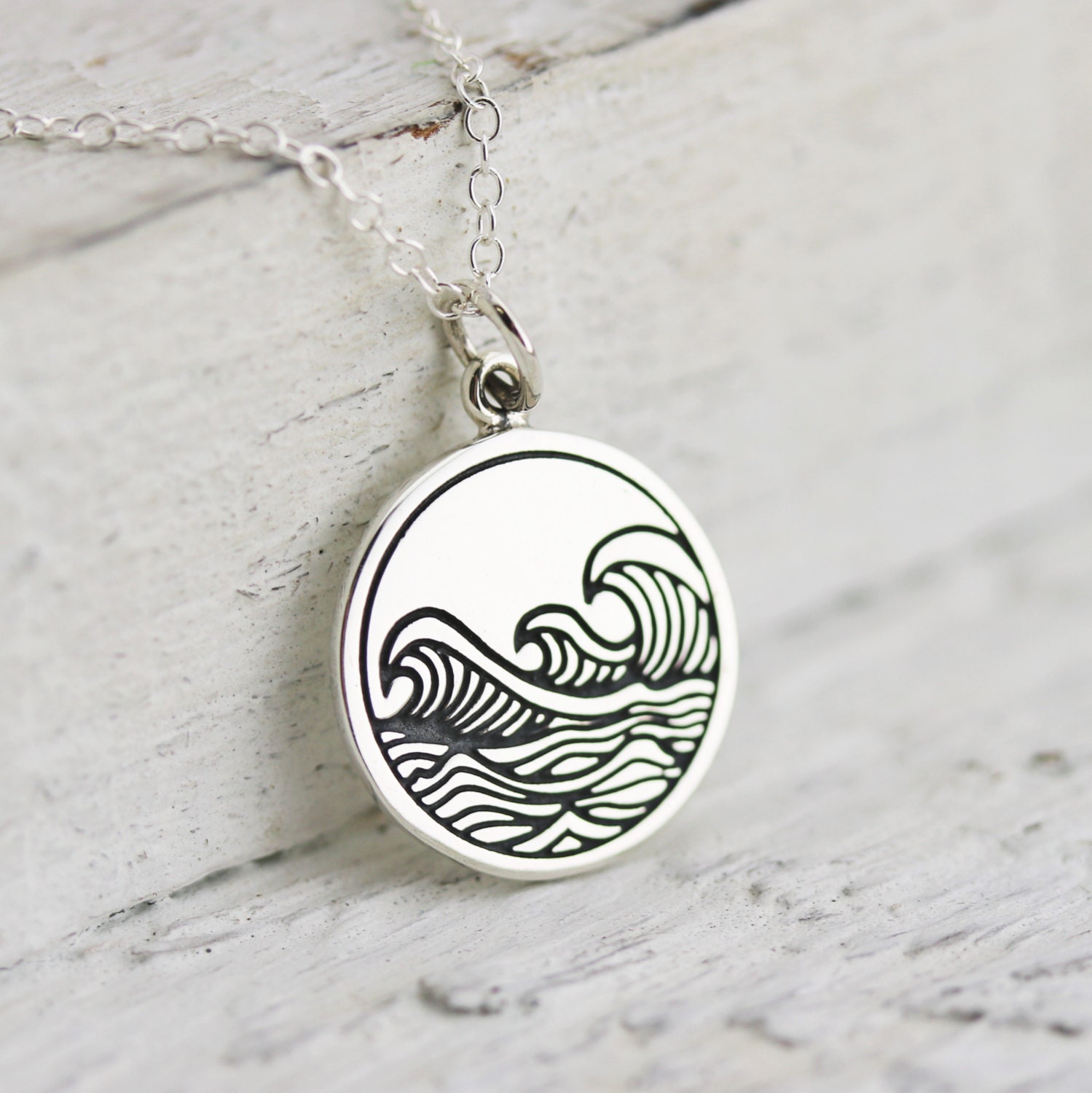Waves Necklace Sterling Silver Etched Ocean Waves Necklace