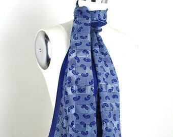 Vintage ELAINE GOLD Blue White Narrow Long Designer Silk Scarf 10" x 49 1/2"