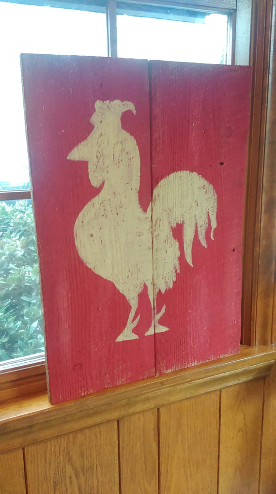 Large Hand Painted Wooden Rooster Sign Rustic Wood