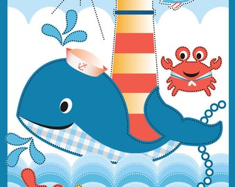 Cartoon Fabric - Whale's Adventure Animal Ocean Crab Bird Blue 100% Cotton 44" x 36" Fabric Panel, G309