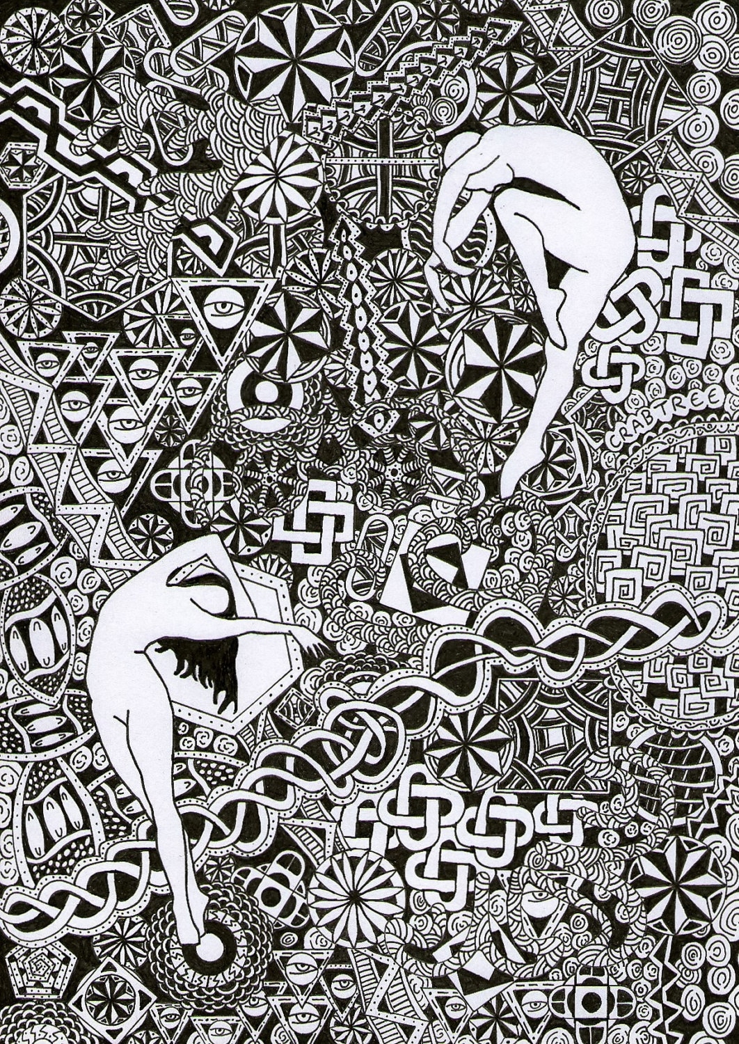 Original Pen and Ink Abstract Dancers Design Line Drawing.