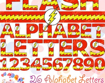 Superhero Flash Alphabet Letters and Numbers for Nursery Birthday Party Decorations Digital Superhero clipart Printable PNG Alphabet