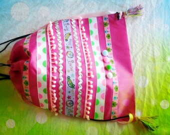 Pink Back pack colorful school Swimming beach bag, Multi color ribbons and pom poms water resistant for Boho girls