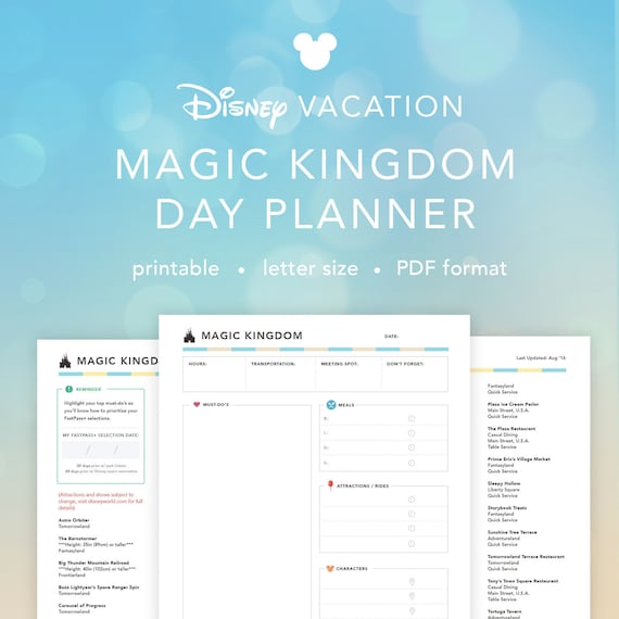 Disney Vacation Magic Kingdom Planner Daily Planning Sheet