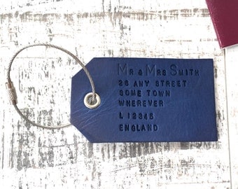Personalised address label, leather luggage tag, custom bag label, case label, travellers, third, 3rd wedding anniversary couples present