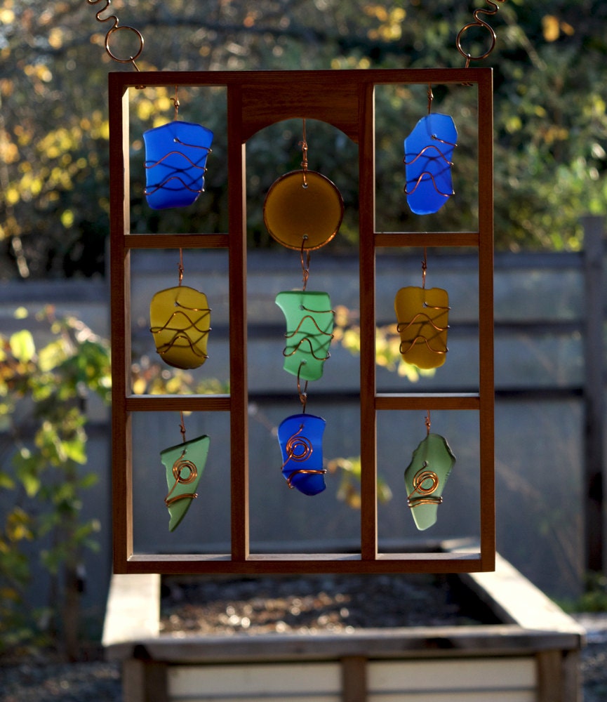 Sun Catcher Large Framed Sea Beach Glass Copper Wrapped