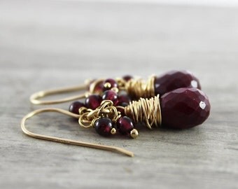 Ruby and Garnet Earrings, Ruby Gemstone Earrings, Dark Red Earrings, Gold Filled Earrings, Wire Wrap Earrings, January Birthstone Jewelry