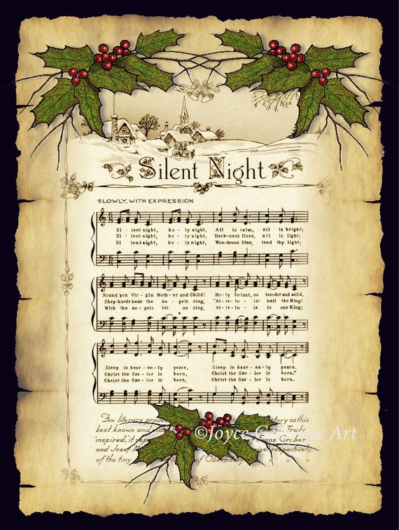 Items similar to Printable Christmas Card, Silent Night, Parchment, Holly, Twigs: Original Art