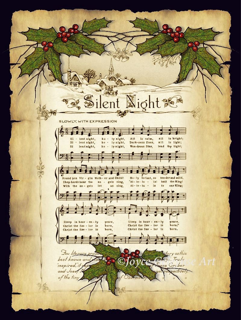 Printable Christmas Card Silent Night Parchment Holly