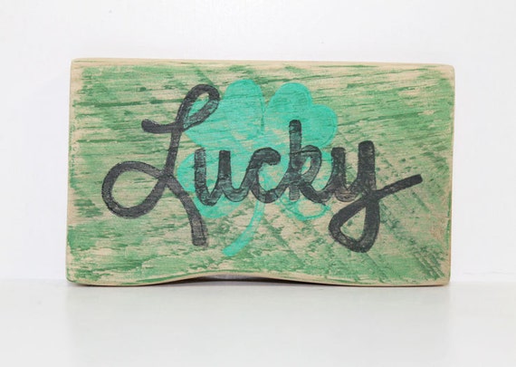 17% OFF SALE- Lucky, Wood Sign, Miniature, St. Patrick's Day, Irish, Luck, Four Leaf Clover, Lettering, Illustration, Wood, Pallet Wood