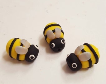 Polymer Clay Bumble Bee Beads/ Set Of Three/ 19mm Handmade Bees/ Jewelry Supplies/ Beads/ Yellow And Black/ Beading