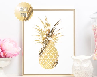 Gold Pineapple Print - Tropical Pineapple Print - REAL GOLD FOIL - Minimalist Art Print - Modern Home Decor Luxe Wall Art