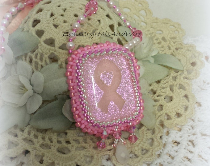 Breast Cancer, Necklace, Pink Ribbon, Awareness Jewelry, Pearl Necklace, Ladies Necklace, Swarovski Necklace, Pink Necklace