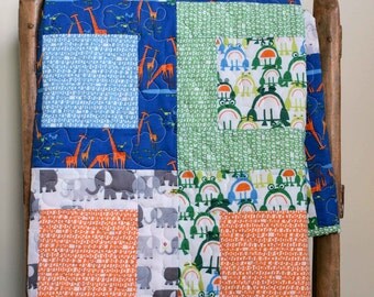 Modern Patchwork Quilt for Baby or Toddler; Organic Cotton Quilt, Frog Crib Blanket, Elephant Comforter, Giraffe Play Mat; Eco Friendly Baby